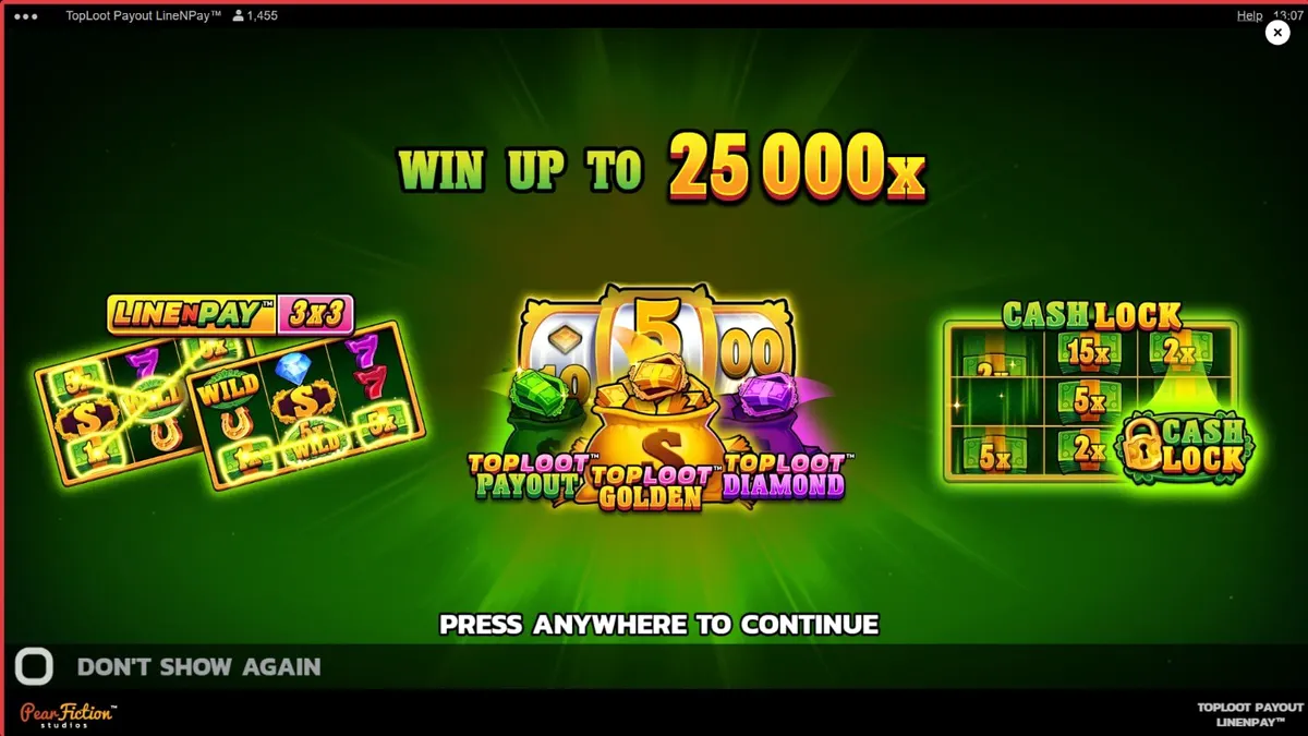 Tampilan visual slot TopLoot Payout LineNPay dengan tema harta karun dan emas